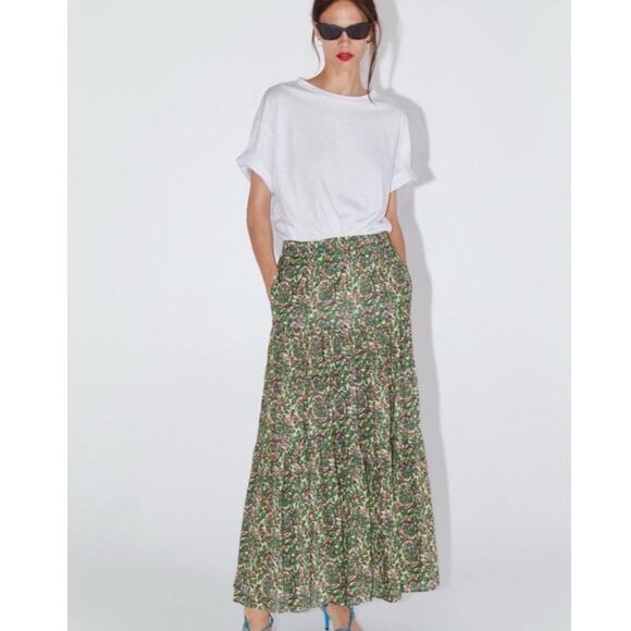 Zara Green Floral Tiered Peasant Maxi Skirt - Picture 1 of 8